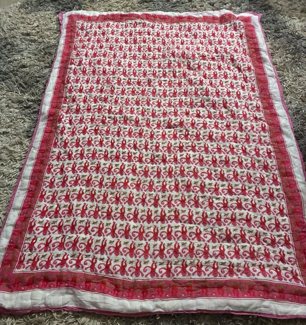 ROLLER RABBIT PINK MONKEY BABY QUILT BLANKET